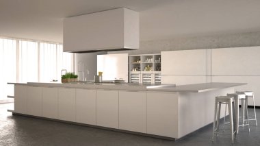 Beyaz minimalist mutfak, iç tasarım.