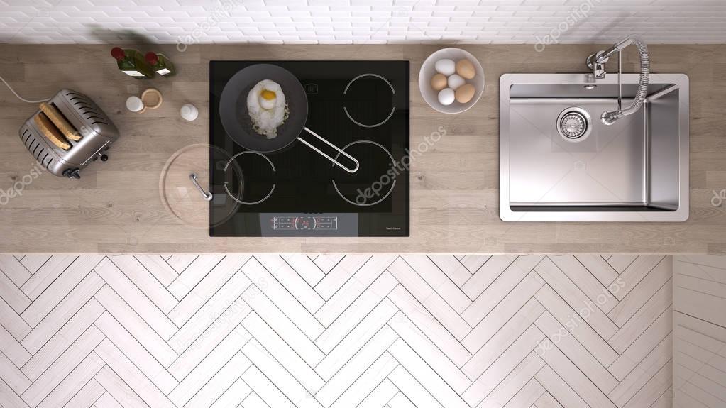 Kitchen top view with induction gas stove — Stock Photo © ArchiVIz