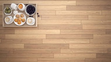 Meşe parke ve kahvaltı tepsisi ile şık arka plan