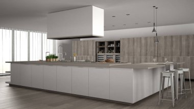 Beyaz minimalist mutfak, iç tasarım.