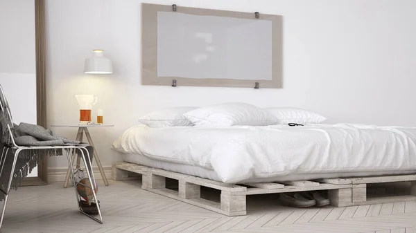 DIY Schlafzimmer, skandinavisches weißes Eco-Chic-Design — Stockfoto