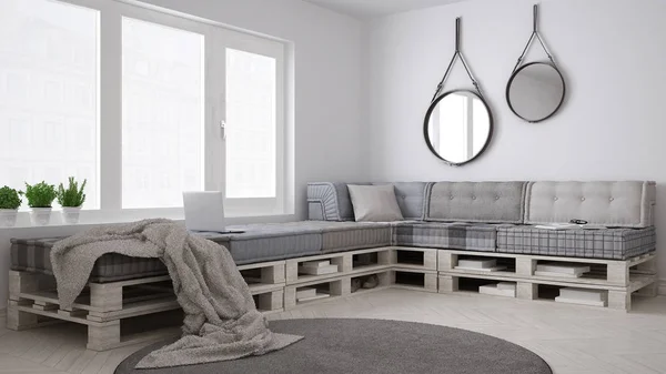 Sofá de sofá de bricolaje, plataforma, escandinava vida blanca, desi interior —  Fotos de Stock