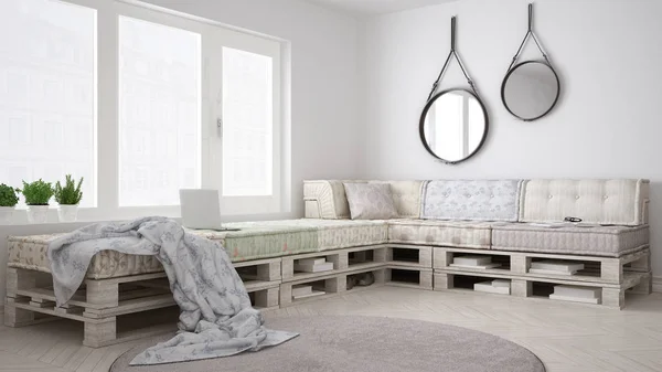 DIY kanapa paletowa kanapa, skandynawski biały salon, wystrój wnętrz — Zdjęcie stockowe