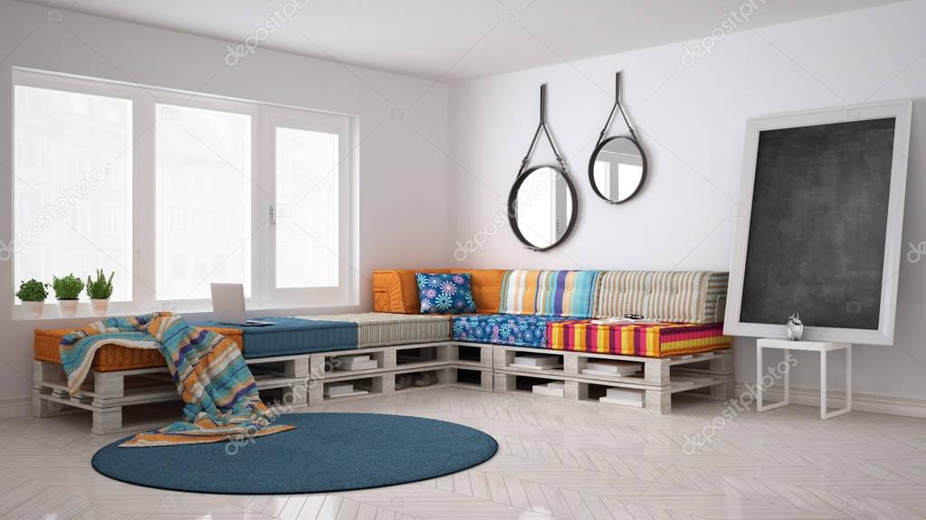 DIY pallet couch sofa, scandinavian white living, interior desig