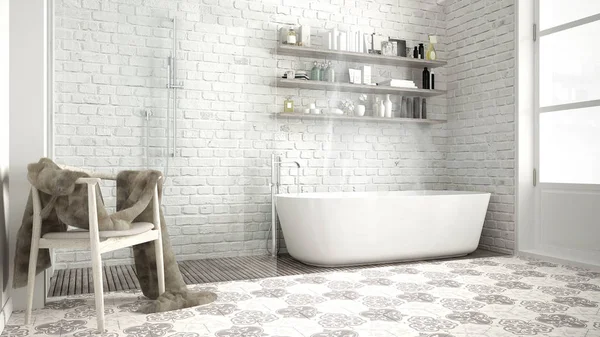Salle de bain scandinave, design d'intérieur vintage blanc classique — Photo