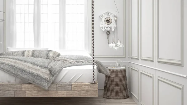 Återvunnen säng, hängande träskum, skandinaviskt sovrum, vit — Stockfoto