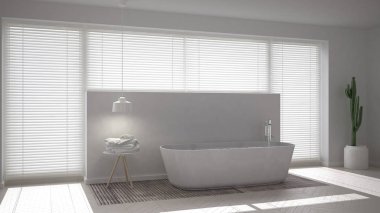 İskandinav banyosu, beyaz minimalist iç tasarım.