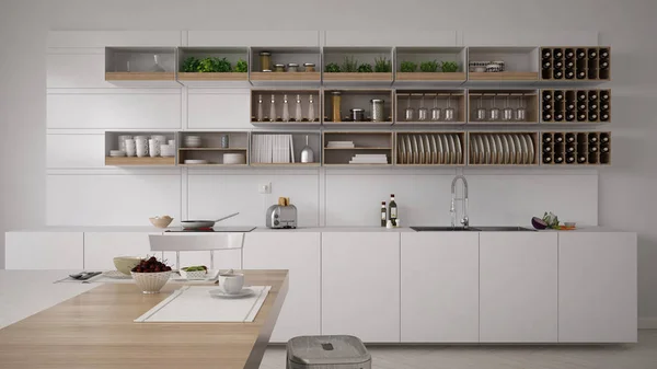 Skandynawska biała kuchnia, minimalistyczny wystrój wnętrz — Zdjęcie stockowe