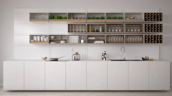 Skandynawska biała kuchnia, minimalistyczny wystrój wnętrz — Zdjęcie stockowe
