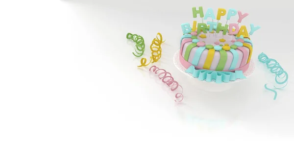 Tło urodziny z ozdobny tort kolorowy i serpentyny — Zdjęcie stockowe