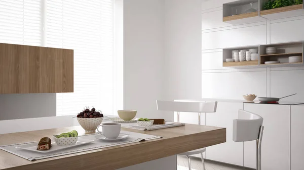 Cozinha branca escandinava com café da manhã de perto, minimalista — Fotografia de Stock