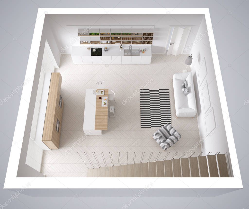 Scandinavian white kitchen, minimalistic interior design, cross 