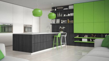 Ağaç ve yeşil Ayrıntılar, minimum ile minimalist beyaz mutfak