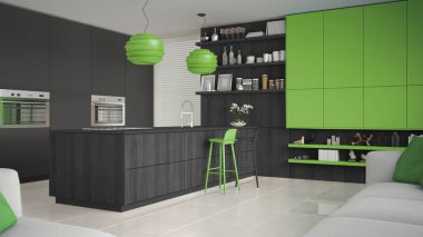 Ağaç ve yeşil Ayrıntılar, en az ile minimalist gri mutfak