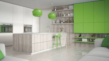 Ağaç ve yeşil Ayrıntılar, minimum ile minimalist beyaz mutfak