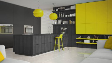 Ahşap ve sarı ayrıntılarla, minima minimalist gri mutfak