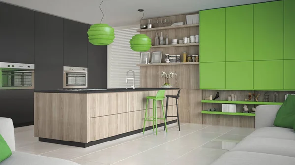 Minimalista szürke konyha, fából készült és zöld részleteit, minimális — Stock Fotó