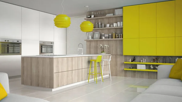Мінімалістична біла кухня з дерев'яними і жовтими деталями, мінімум — стокове фото