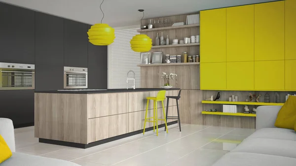 Cocina minimalista gris con detalles de madera y amarillo, mínimos — Foto de Stock