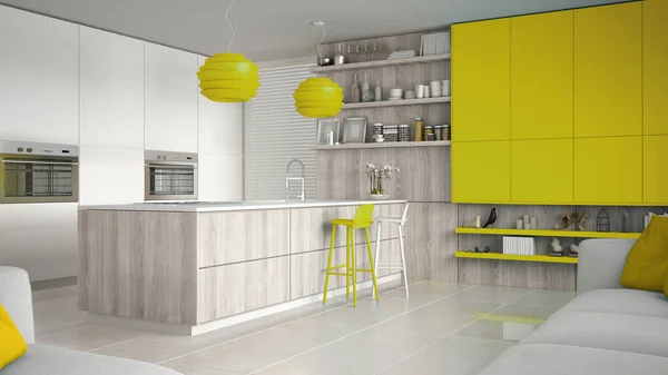 Мінімалістична біла кухня з дерев'яними і жовтими деталями, мінімум — стокове фото