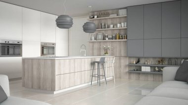 Ahşap ve gri ayrıntıları, en az ile minimalist beyaz mutfak