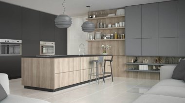 Ahşap ve gri ayrıntıları, en az ile minimalist gri mutfak 