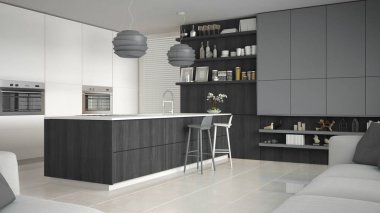 Ahşap ve gri ayrıntıları, en az ile minimalist beyaz mutfak