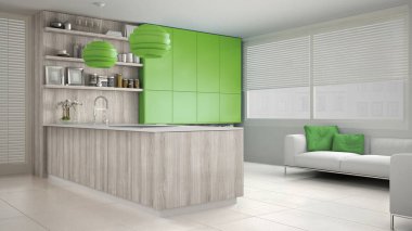 Ağaç ve yeşil Ayrıntılar, minimum ile minimalist beyaz mutfak