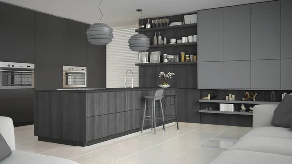 Cozinha cinza minimalista com detalhes de madeira e cinza, mínimo — Fotografia de Stock
