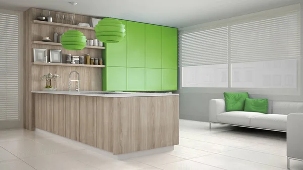 Minimalistiskt vitt kök med trä och gröna detaljer, minima — Stockfoto