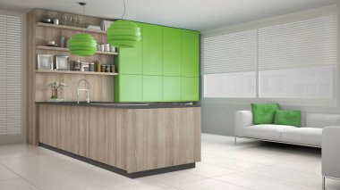 Ağaç ve yeşil Ayrıntılar, minimum ile minimalist beyaz mutfak