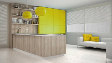 Ayrıntılarla, ahşap ve sarı beyaz minimalist mutfak ikilik