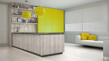 Ayrıntılarla, ahşap ve sarı beyaz minimalist mutfak ikilik