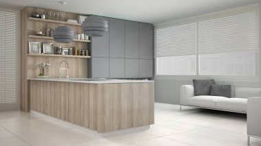 Ahşap ve gri ayrıntıları, en az ile minimalist beyaz mutfak