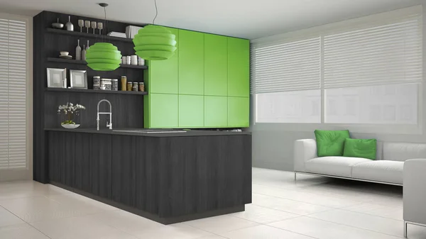 Cucina minimalista grigia con dettagli in legno e verde, minimale — Foto Stock