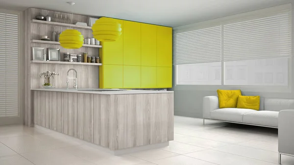 Minimalista cocina blanca con detalles de madera y amarillo, minim — Foto de Stock