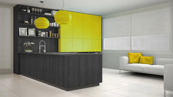 Minimalistisk grått kök med trä och gula detaljer, minima — Stockfoto