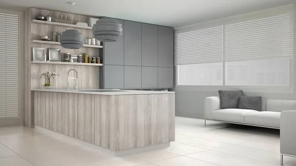 Cucina minimalista bianca con dettagli in legno e grigio, minimale — Foto Stock