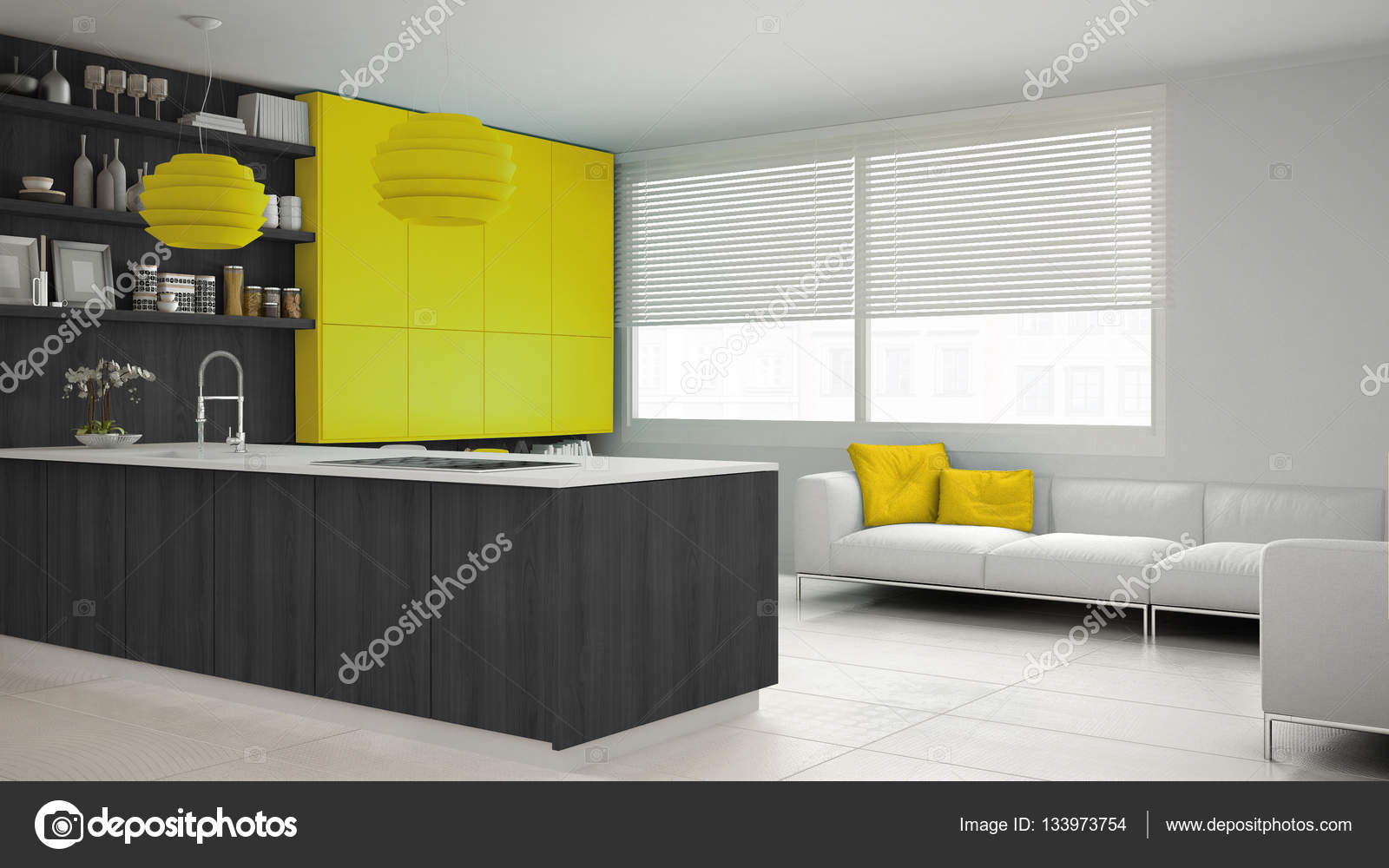 Cuisine Grise Minimaliste Avec Des Détails En Bois Et Jaunes