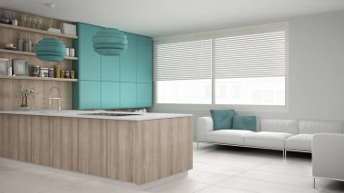Minimalist beyaz mutfak ahşap ve turkuaz detayları, mi