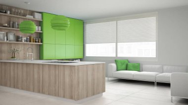 Ağaç ve yeşil Ayrıntılar, minimum ile minimalist beyaz mutfak