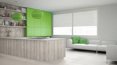 Ağaç ve yeşil Ayrıntılar, minimum ile minimalist beyaz mutfak