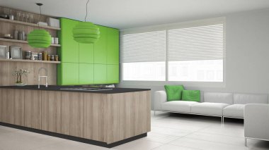 Ağaç ve yeşil Ayrıntılar, minimum ile minimalist beyaz mutfak