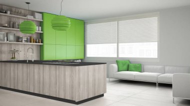 Ağaç ve yeşil Ayrıntılar, en az ile minimalist gri mutfak