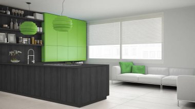 Ağaç ve yeşil Ayrıntılar, en az ile minimalist gri mutfak