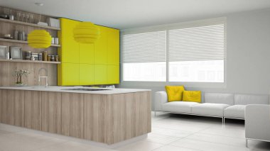 Ayrıntılarla, ahşap ve sarı beyaz minimalist mutfak ikilik