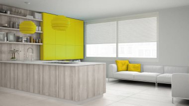 Ayrıntılarla, ahşap ve sarı beyaz minimalist mutfak ikilik