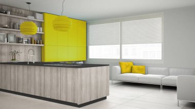 Ayrıntılarla, ahşap ve sarı beyaz minimalist mutfak ikilik