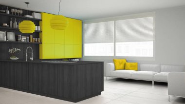 Ahşap ve sarı ayrıntılarla, minima minimalist gri mutfak