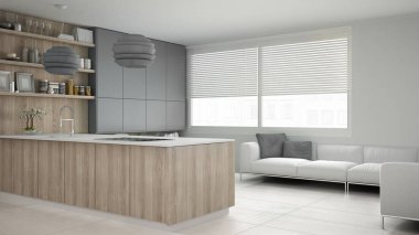Ahşap ve gri ayrıntıları, en az ile minimalist beyaz mutfak